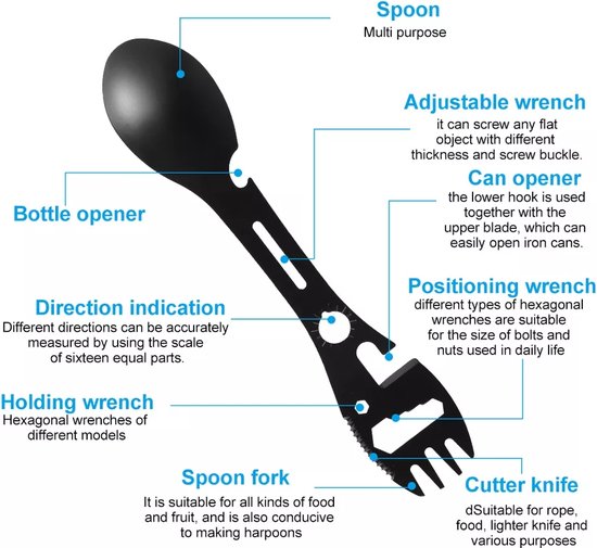 Spork Outdoor Gadget Lepel Multitool 11 in 1 survival EDC Bier Opener RVS van Merkloos — afbeelding 3