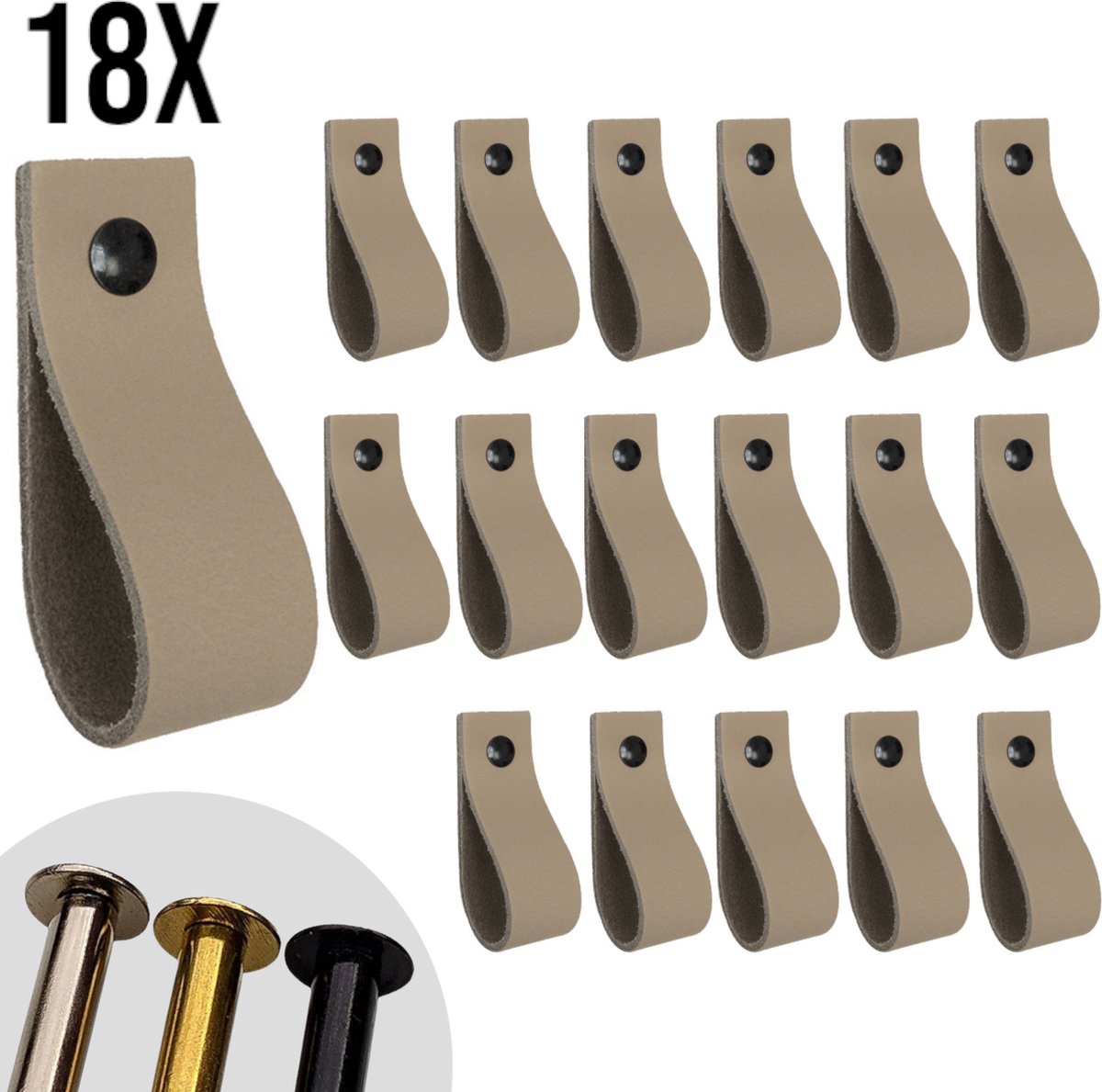 Leren lusjes - Taupe - 18 stuks - incl. 3 kleuren schroefjes (leren handgrepen - leren handgreepjes - leren greepjes)