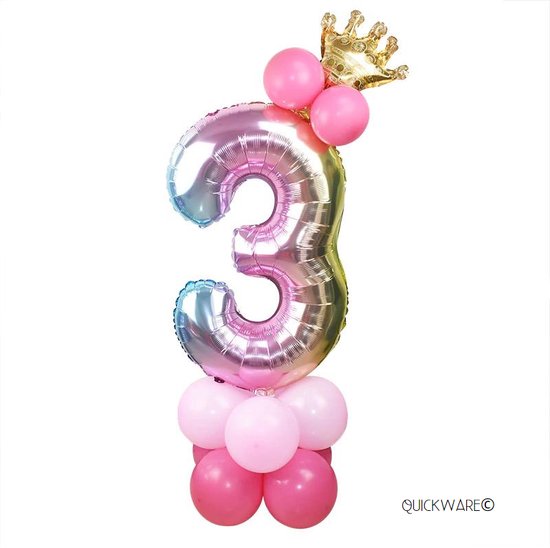 Leeftijdballon 3 Jaar - Hoera 3 Jaar - Prinsessenfeest - Kinderverjaardag Prinses Thema - Kinderfeestje Prinsessen – Unicorn – Regenboog - Princess Birthday Decoration - Meisje Verjaardag Feest Prinses - Roze Prinsessen Verjaardag - Ballon met Kroon