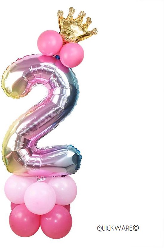 Leeftijdballon 2 Jaar - Hoera 2 Jaar - Prinsessenfeest - Kinderverjaardag Prinses Thema - Kinderfeestje Prinsessen – Unicorn – Regenboog - Princess Birthday Decoration - Meisje Verjaardag Feest Prinses - Roze Prinsessen Verjaardag - Ballon met Kroon