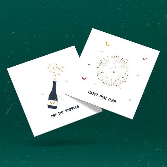 FEESTDAGEN - HAPPY NEW YEAR - 10 luxe gevouwen wenskaarten incl envelop - ansichtkaarten - gelukkig nieuwjaar - happy new year - champagne - feest -2022