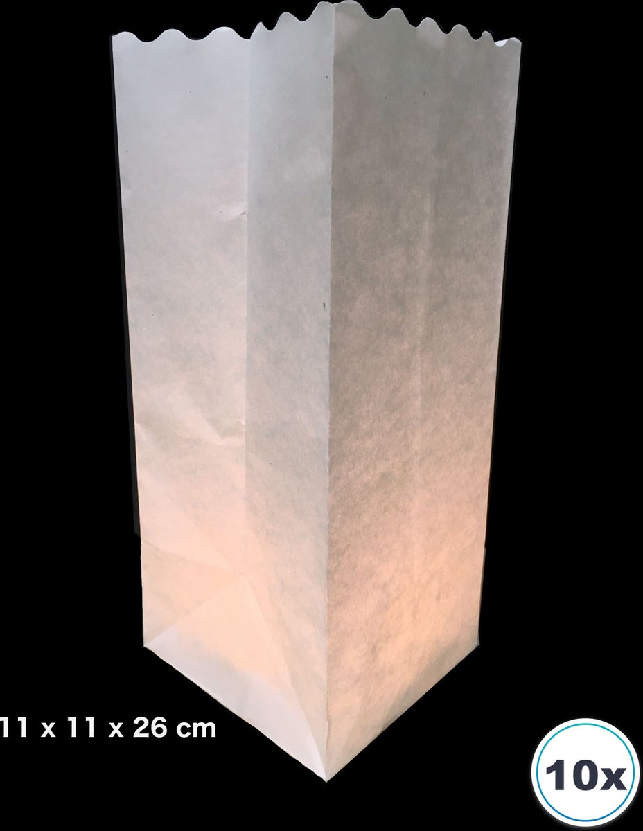 Volanterna 10 x Blanco Vierkante Candle Bags XL – Hoogte 26 cm – Bodem 11x11 cm – Lichtzakken – Brandvertragend Papier – Zonder Perforaties – Voor Feest, Bedrukking, Creatief Gebruik - Candlebag wit