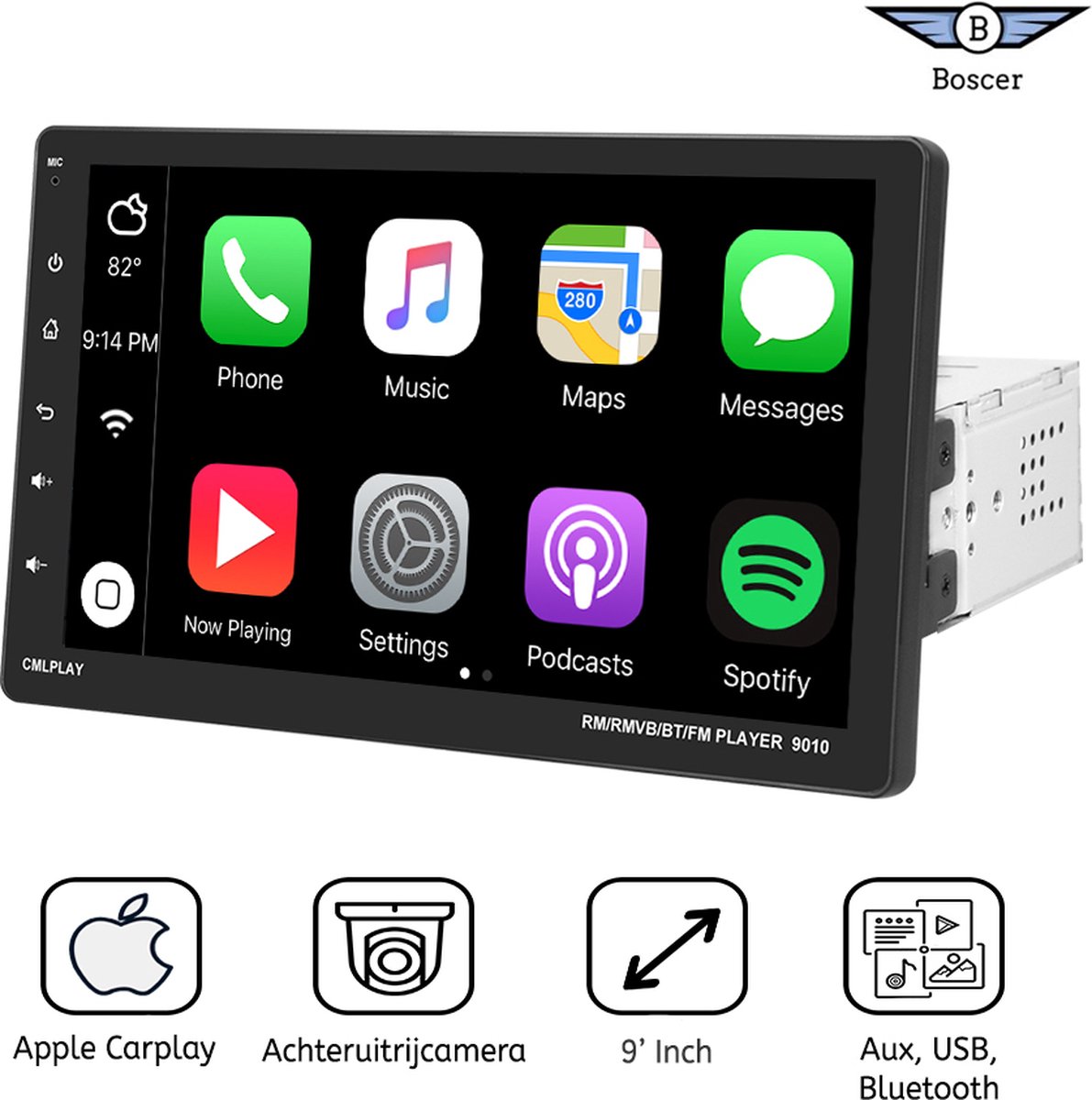 Boscer® 1Din Autoradio | Apple Carplay & Android Auto | 9' HD verstelbaar scherm | USB, Aux, Bluetooth | Achteruitrijcamera