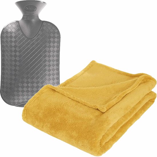 Fleece deken/plaid Okergeel 125 x 150 cm en een warmwater kruik 2 liter |  bol.com