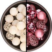 Kerstballen - 74x stuks - wol wit en roze - 6 cm - kunststof