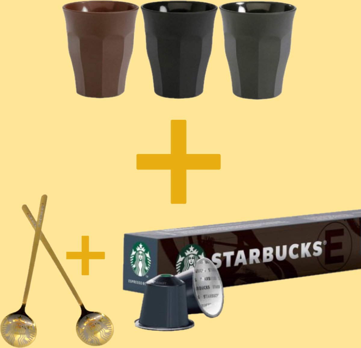 Starbucks Koffiepakket | Met 3 Matte Expressoglaasjes | 10 House Blend Capsules | 4 Mat Zwarte Lepetjes | Origineel Kerstcadeau