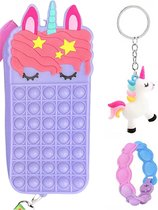 Speelgoed 3 jaar - Fidget Toys - 3-Pack - Fidget speelgoed - Unicorn - Fidget Toys pakket - Tasje 21 x 9 x 4 cm - Eenhoorn - Eenhoorn tasje - Unicorn tasje - armbandje - sleutelhanger - paars