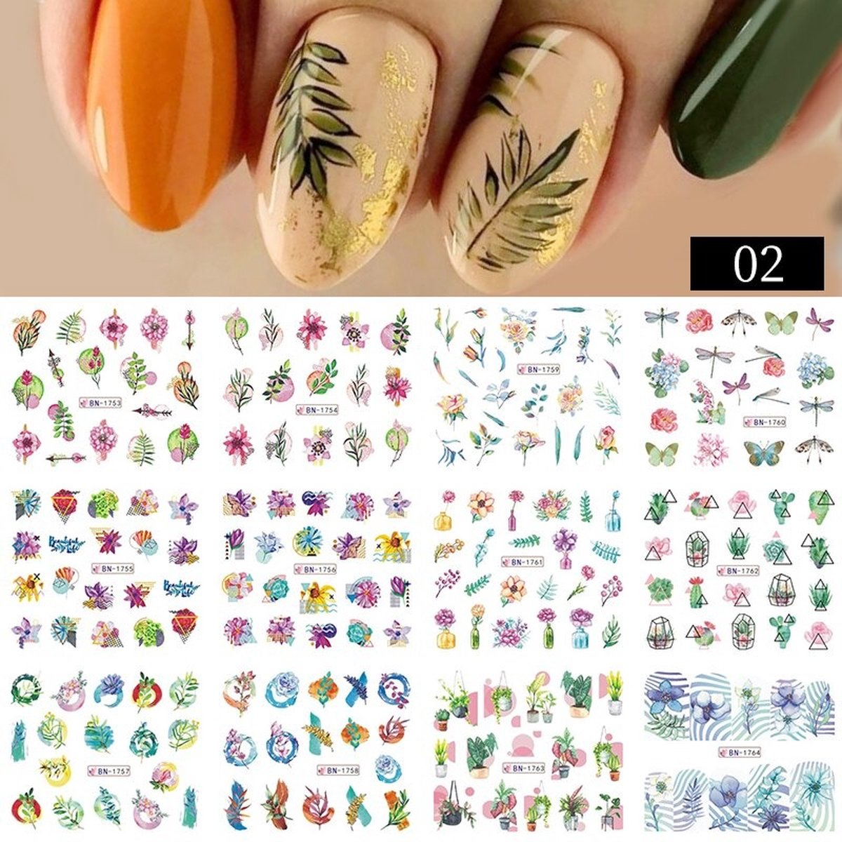 Goedkoopste 12 Stuks Nagelstickers – Nail Art Stickers – Kleurrijke Botanical