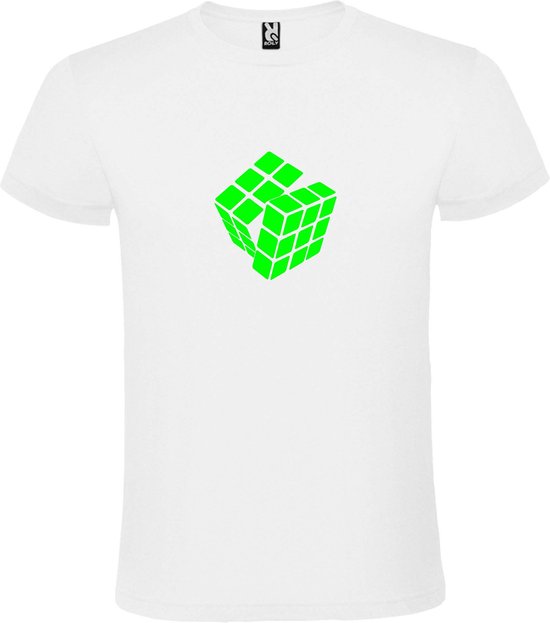 Wit T-Shirt met “ Rubik's Kubus “ afbeelding Neon Groen Size XS