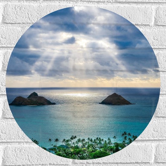 WallClassics - Muursticker Cirkel - Uitzicht over Strand en Zee - Lanikai Beach - Hawaï - 50x50 cm Foto op Muursticker
