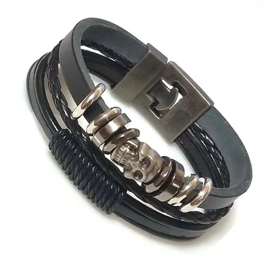Leren Armband | Leer | Sieraden | Mannen Accessoires | Armband | Bracelet | Sinterklaas geschenk | Kerst cadeau | Punk stijl | Zwart met Staal | 21cm