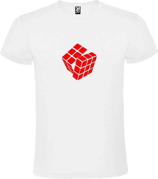 Wit T-Shirt met “ Rubik's Kubus “ afbeelding Rood Size L