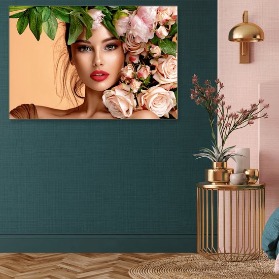 Wanddecoratie / Schilderij / Poster / Doek / Schilderstuk / Muurdecoratie / Fotokunst / Tafereel Beautiful girl with flowers gedrukt op Plexiglas