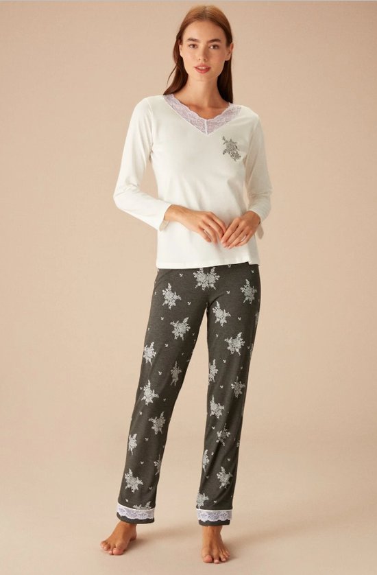 Suwen- Dames 2- Delige -Pyjama- Luxe Pyjamaset- Nachtkleding -Homewear - Satijn -Antraciet Maat 3XL