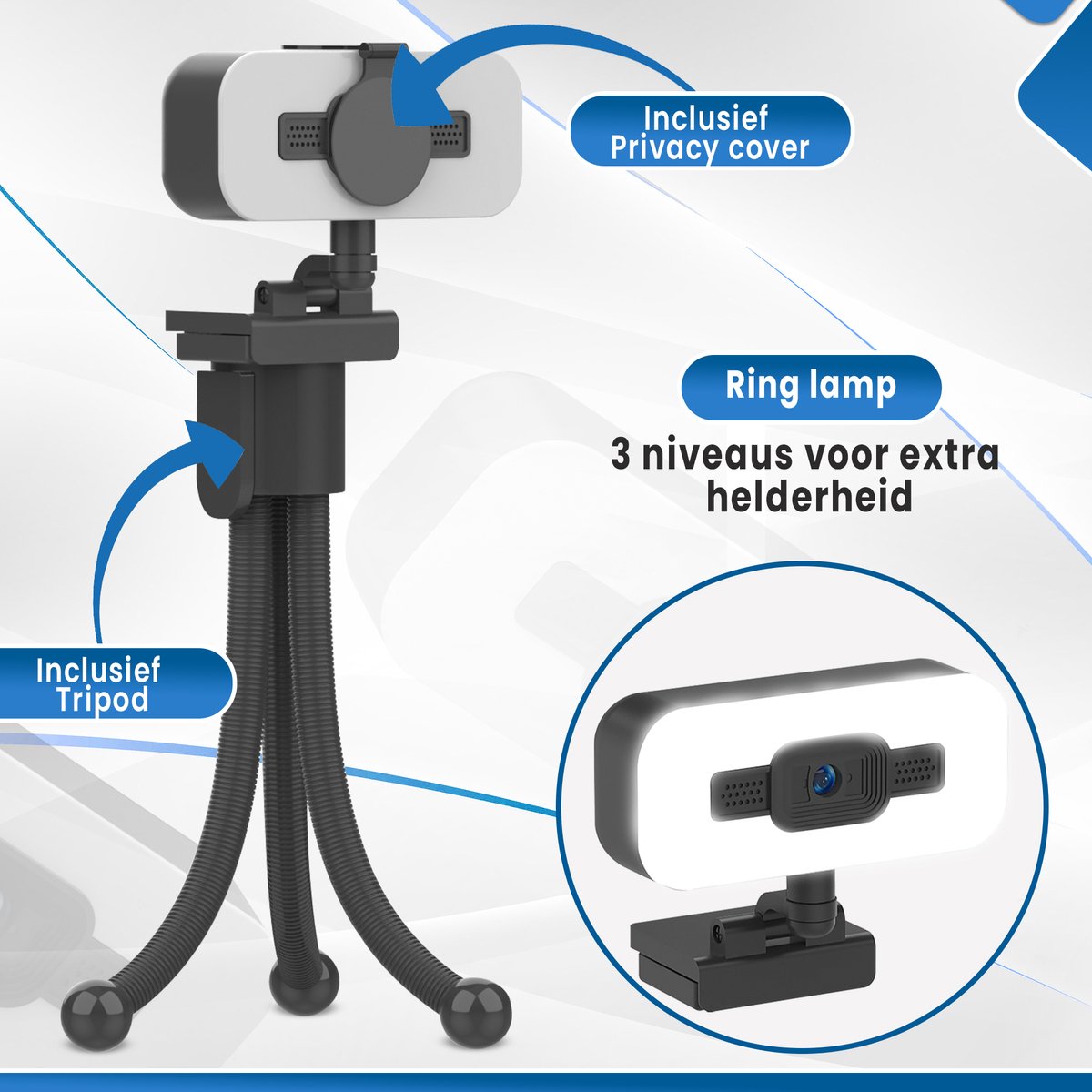 Rolio Webcam voor PC - 4K - Ultra HD - 8MP - Inclusief Tripod en Microfoon - Ringlamp - Universeel thumbnail 3