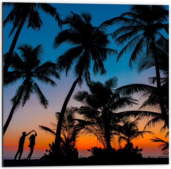 WallClassics - Dibond - Silhouette van Palmbomen op een Tropisch Strand - 50x50 cm Foto op Aluminium (Wanddecoratie van metaal)