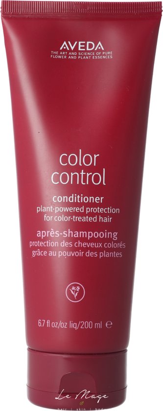 Donkerrode Aveda Color Control conditioner tube met witte tekst: 'color control conditioner plant-powered protection for color-treated hair', 6.7 fl oz/ 200 ml e.