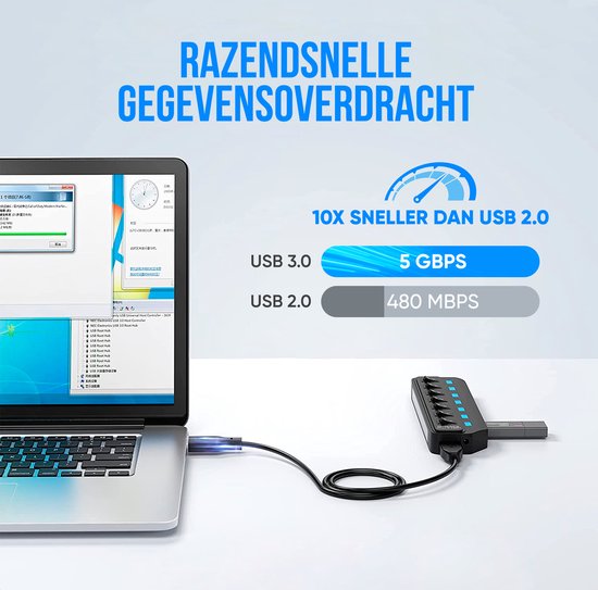 Hub USB 3.0 noir à 7 ports, connecté à un ordinateur portable. Affiche un "transfert de données ultra-rapide" 10x plus rapide que l'USB 2.0, à 5 Gbps.