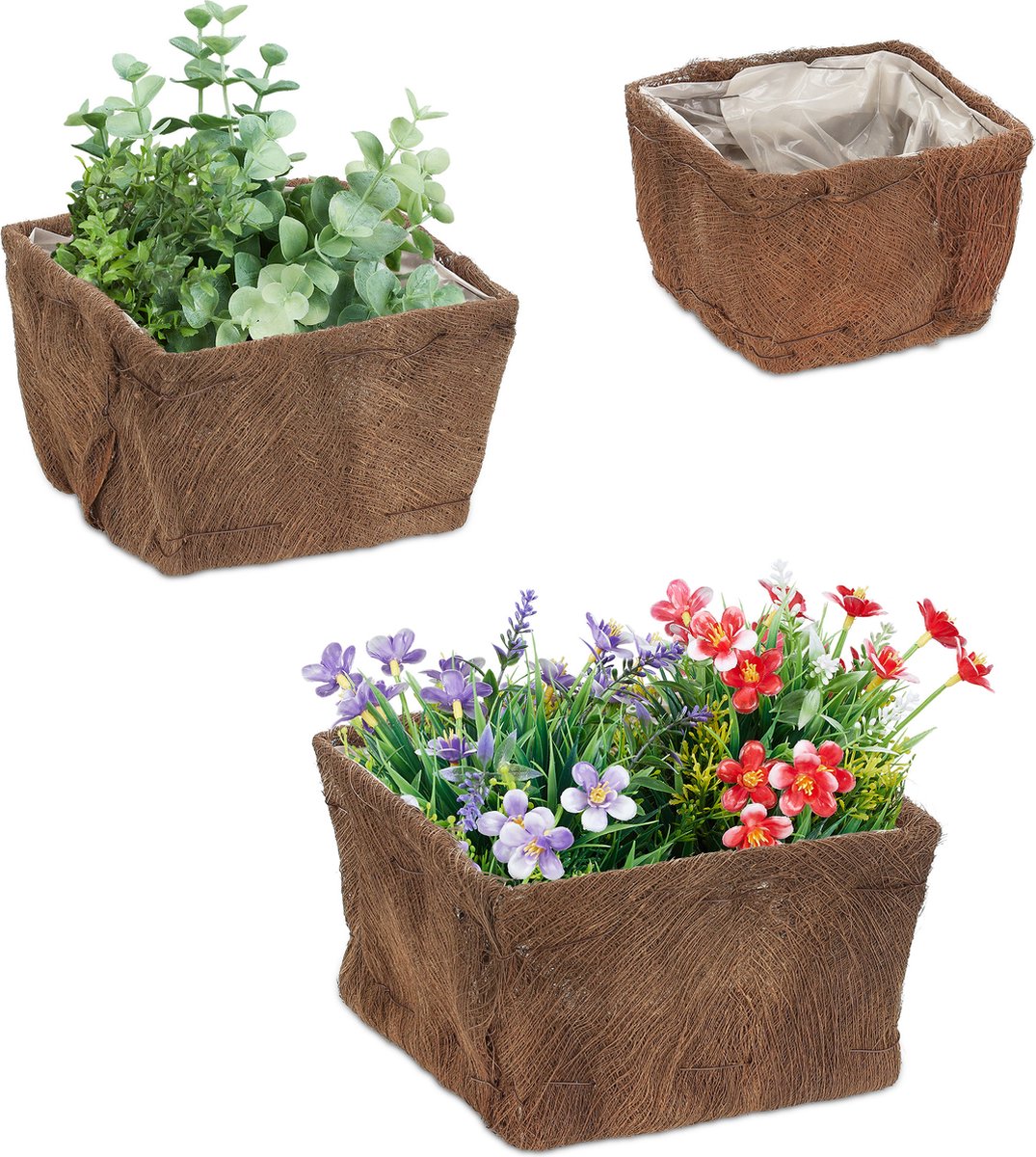 bloempot - set van 3 - kokosvezels - vierkant - 3 groottes - tuin - balkon - vensterbank