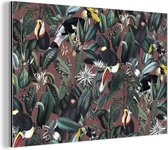 Wanddecoratie Metaal - Aluminium Schilderij Industrieel - Bloemen - Toekan - Bladeren - 150x100 cm - Dibond - Foto op aluminium - Industriële muurdecoratie - Voor de woonkamer/slaapkamer