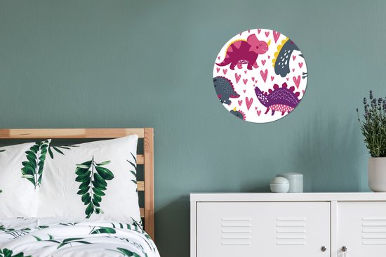 WallCircle - Wandcirkel - Muurcirkel - Dino - Hart - Patronen - Roze - Meisjes - Dinosaurus - Aluminium - Dibond - ⌀ 30 cm - Binnen en Buiten