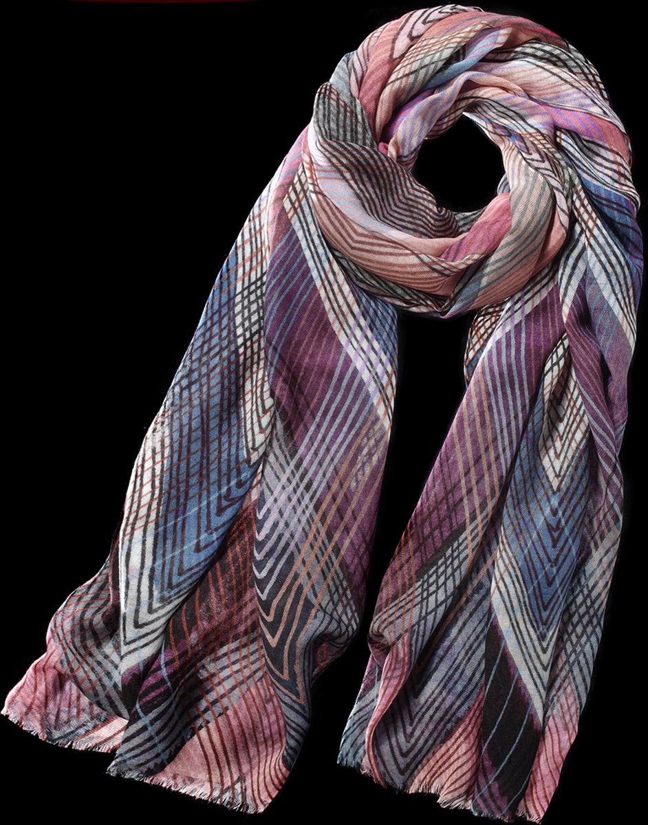 Zachte, dunne, wollen sjaal met grafische print in zacht roze tinten