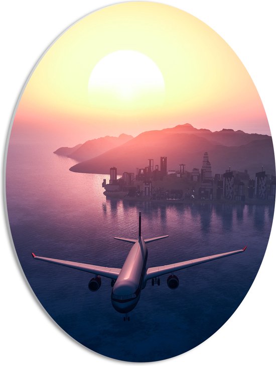 WallClassics - Feuille de Mousse PVC Ovale - Avion Volant Loin du Soleil - 42x56 cm Photo sur Ovale (Avec Système d'accrochage)