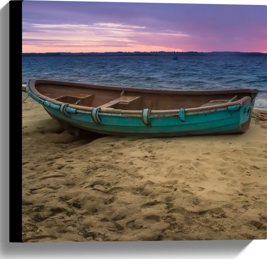 WallClassics - Toile - Bateau de skipper bleu sur la plage avec soleil couchant - 40x40 cm Photo sur toile (Décoration murale sur toile)