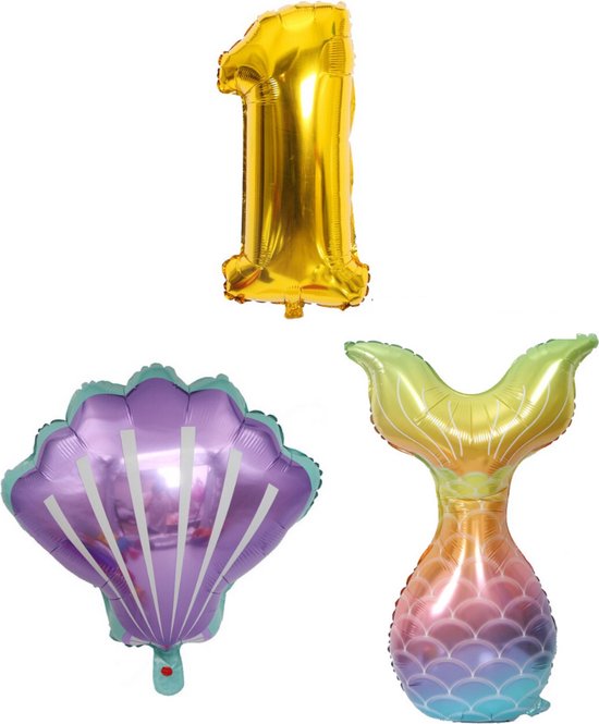 Zeemeermin - Feestversiering - Zeemeermin versiering - 1 jaar - Ballonnen - Cijferballonnen - Zeemeerminstraat - Schelp - Folieballon - Kleine Zeemeermin - Little Mermaid -  Ballonnen - Verjaardag decoratie - Verjaardag versiering - Ballonnen goud