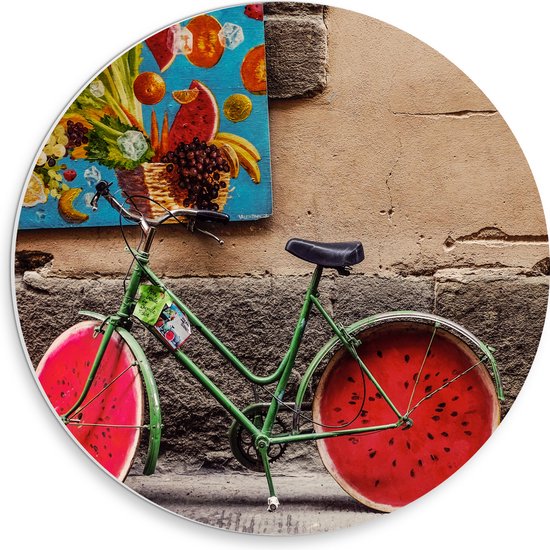 WallClassics - PVC Schuimplaat Muurcirkel - Fiets met Watermeloen Wielen - 30x30 cm Foto op Muurcirkel (met ophangsysteem)