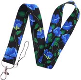 Keycords - stevig keycord flowers black-blue - lanyard - sleutelhanger - sleutelkoord - bloem