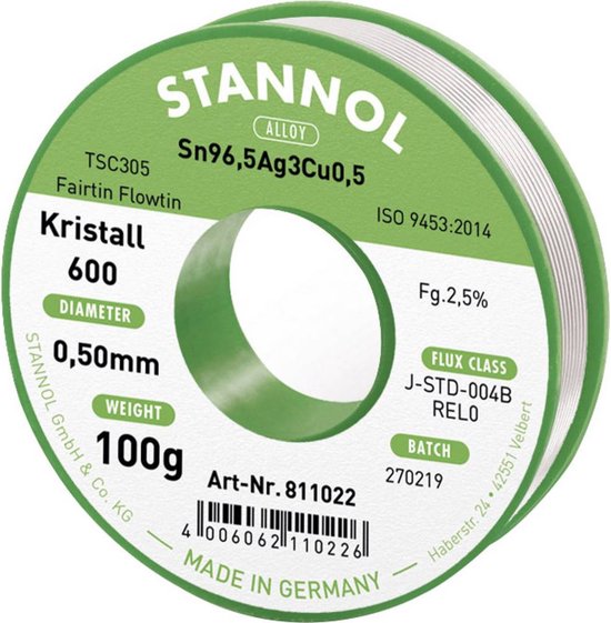 Stannol 811009 Flowtin TC Fairtin Kristall 600 solder wire