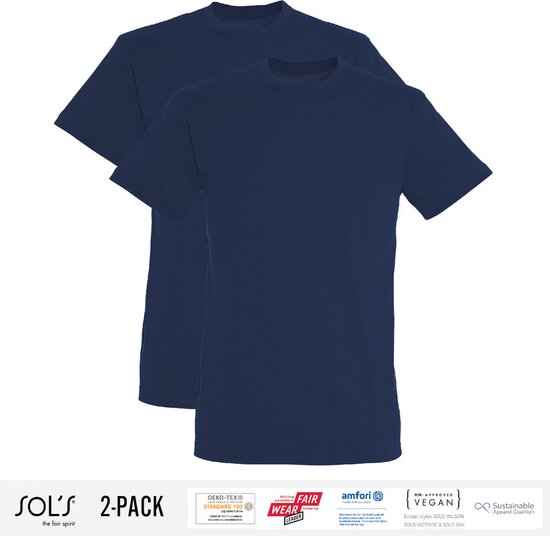 2 Pack Sol's Heren T-Shirt 100% biologisch katoen Ronde hals Navy Blue Maat M