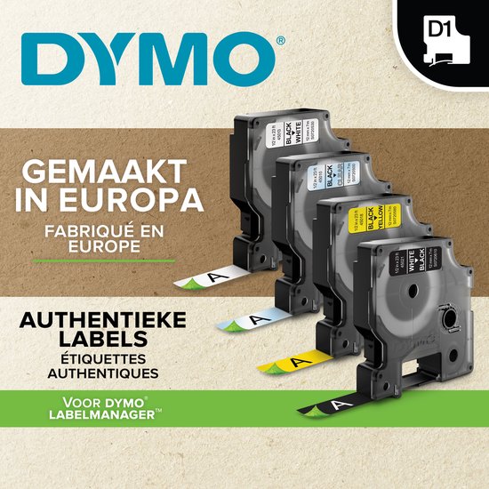 Meerdere DYMO D1 labelcassettes. Zwart met grijze cassette, witte en gele etiketten. Gemaakt in Europa.