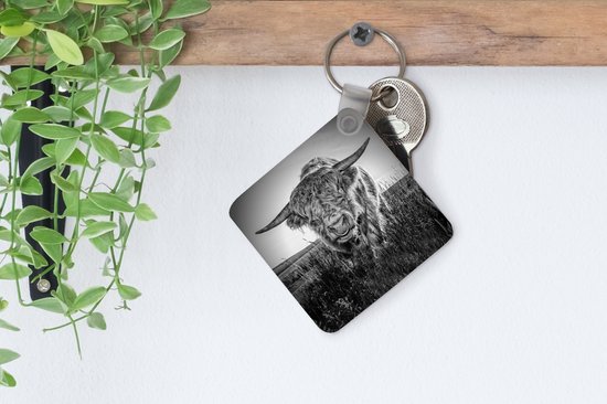 Porte-clés Scottish Highlanders - Close-up Scottish Highlander en plastique noir et blanc porte-clés - porte-clés carré avec photo