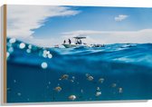 WallClassics - Hout - Scheiding van Water en Lucht - Vissen onder een Boot - 90x60 cm - 12 mm dik - Foto op Hout (Met Ophangsysteem)