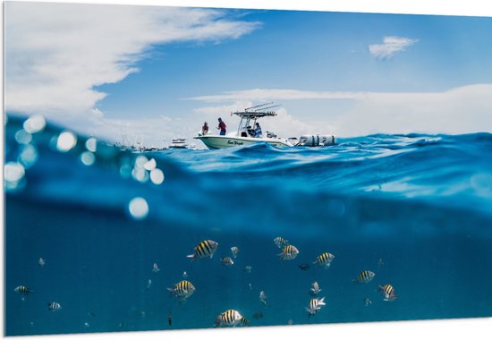 WallClassics - Acrylglas - Scheiding van Water en Lucht - Vissen onder een Boot - 150x100 cm Foto op Acrylglas (Met Ophangsysteem)