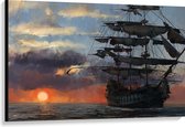 WallClassics - Canvas  - Groot Piratenschip op Zee met Zon - 120x80 cm Foto op Canvas Schilderij (Wanddecoratie op Canvas)