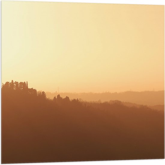 WallClassics - Vlag - Mistig Heuvel Landschap met Opkomende Zon - 80x80 cm Foto op Polyester Vlag