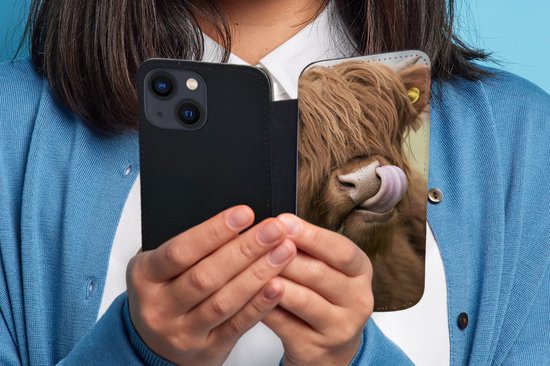 Bookcase téléphone iPhone 13 Mini Bookcase - Scottish Highlander - Marron - Animaux - Avec compartiments - Étui portefeuille avec fermeture magnétique