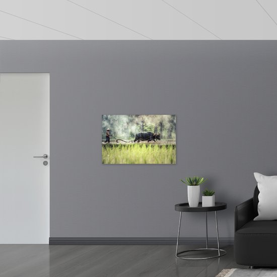 PVC Schuimplaat - Waterbuffel aan het Werk - 90x60 cm Foto op PVC Schuimplaat (Met Ophangsysteem)