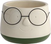Cache-pot - crème - vert - visage à lunettes - taille du pot 16x 11,5 cm - grand