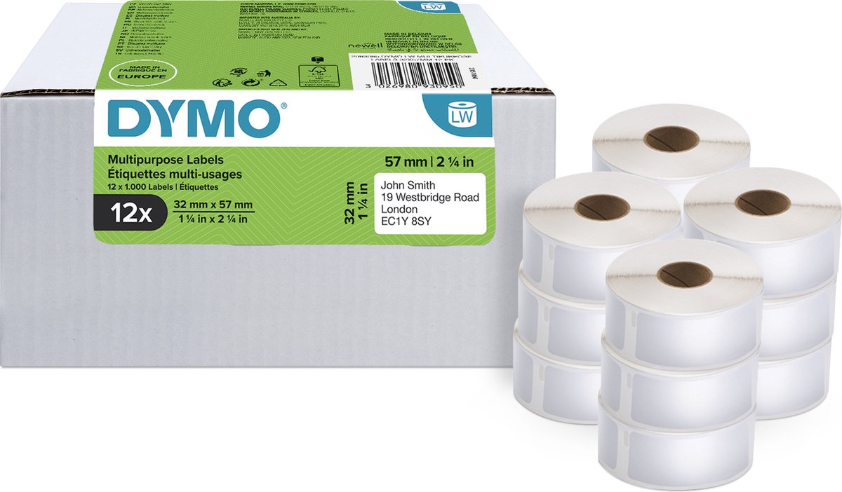 DYMO originele LabelWriter multifunctionele labels | 32 mm x 57 mm | 12 met elk 1000 labels (12.000 zelfklevende etiketten) | voor de LabelWriter labelprinters | gemaakt in Europa