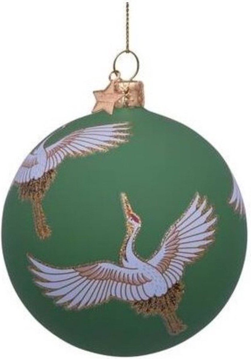 2 x Glazen kerstbal groen met kraanvogels H8cm