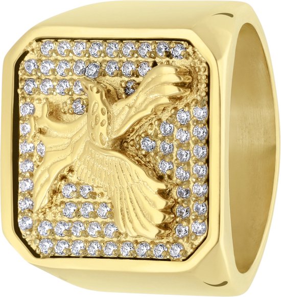 Lucardi Heren Gerecycled stalen goldplated zegelring adelaar met zirkonia - Ring - Staal - Goudkleurig - 19 / 60 mm