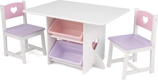 set van houten tafel met 2 stoelen en opbergbakken, meubels voor de kinderslaapkamer of speelkamer, wit met pastelkleuren