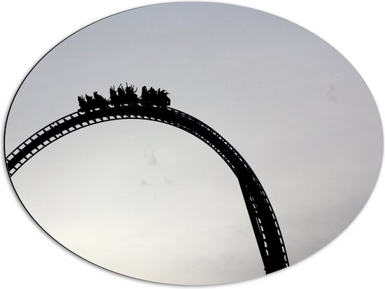 WallClassics - Dibond Ovaal - Silhouette van Achtbaan - 80x60 cm Foto op Ovaal (Met Ophangsysteem)