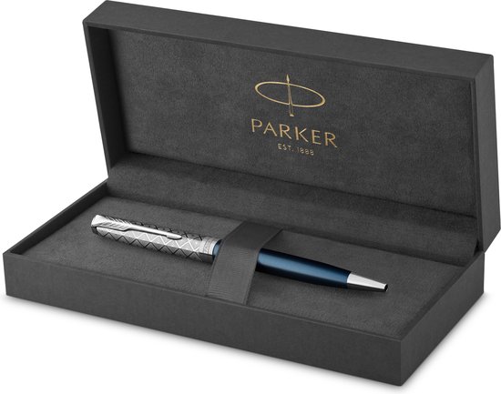 Parker Sonnet vulpen | | Roestvrij staal en blauwe lak| Fijne penpunt met zwarte inkt navulling | geschenkdoos