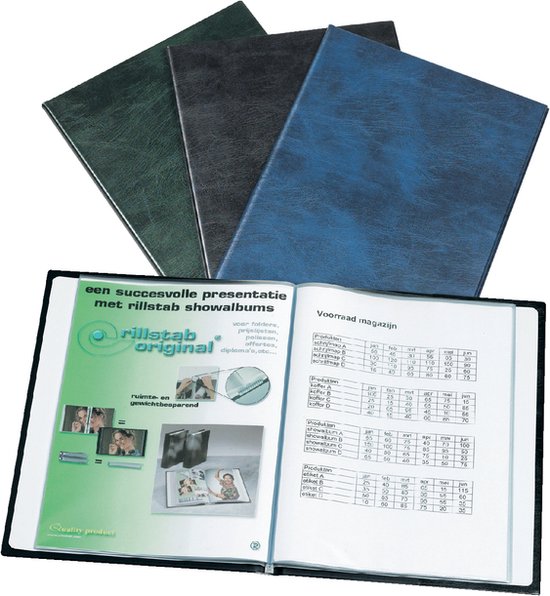 Een geopende, zwarte showalbum met een overzichtstabel en een afbeelding van een presentatie.