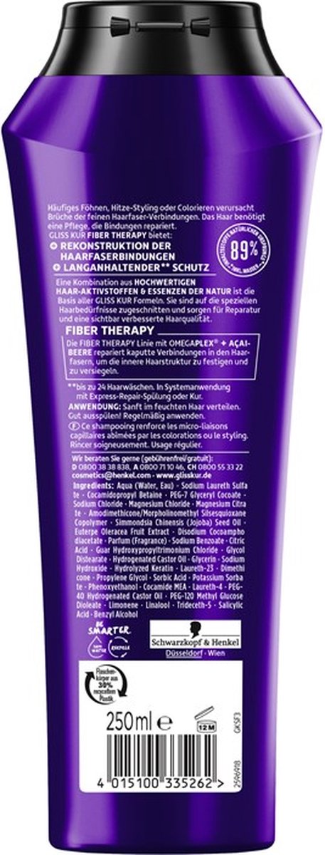 Schwarzkopf Gliss Kur - Shampoo - Fiber Therapy - Vezel Therapy herstellende shampoo - Versterkt gericht beschadigd haar - Verzorgingsshampoo - Versterkt en herstelt de interne haarstructuur